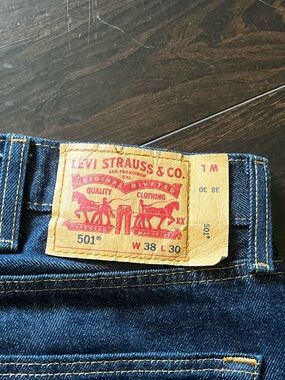 Levi's Men's Straight Jeans in Indigo Blue with Tan Patch